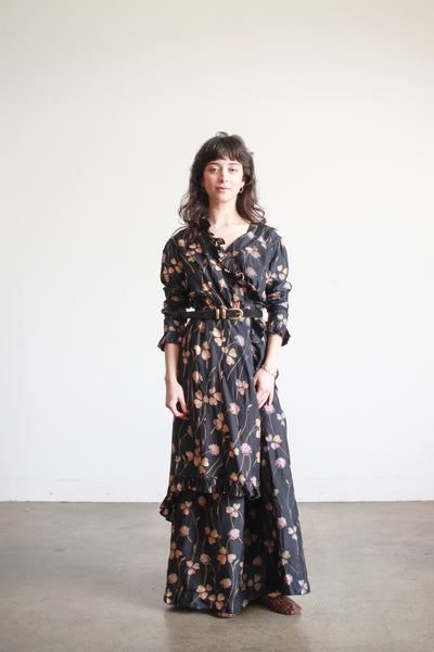 1910s Black Silk Floral Ruffle Dress