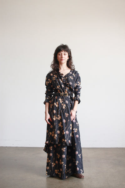 1910s Black Silk Floral Ruffle Dress