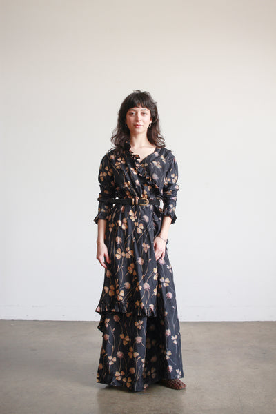 1910s Black Silk Floral Ruffle Dress
