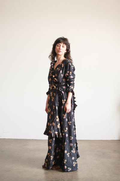 1910s Black Silk Floral Ruffle Dress