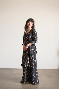 1910s Black Silk Floral Ruffle Dress