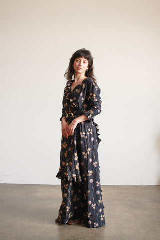 1910s Black Silk Floral Ruffle Dress