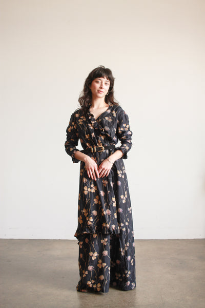 1910s Black Silk Floral Ruffle Dress