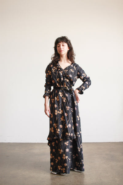1910s Black Silk Floral Ruffle Dress