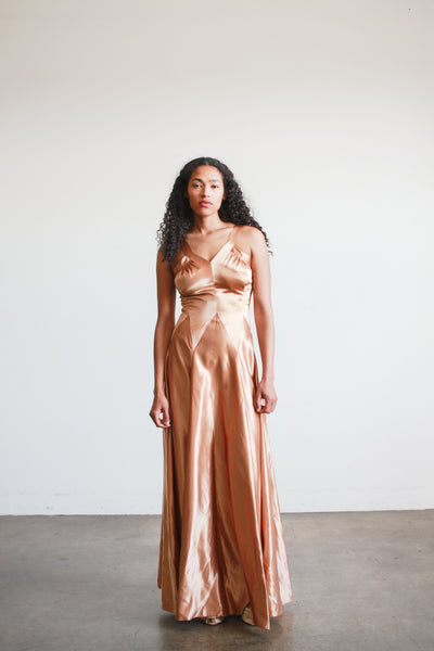 1940s Bronze Liquid Satin V-Neck Paneled Dress