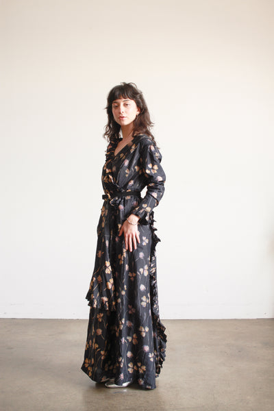 1910s Black Silk Floral Ruffle Dress