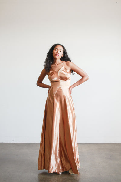 1940s Bronze Liquid Satin V-Neck Paneled Dress