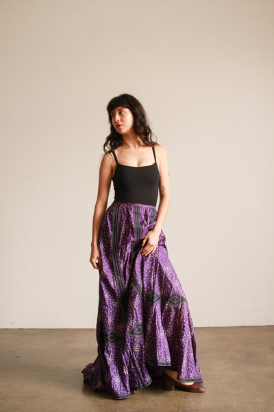 Antique Victorian Violet Silk Print Long Skirt