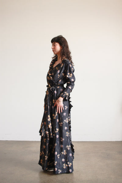 1910s Black Silk Floral Ruffle Dress
