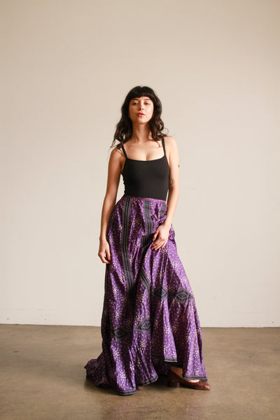 Antique Victorian Violet Silk Print Long Skirt