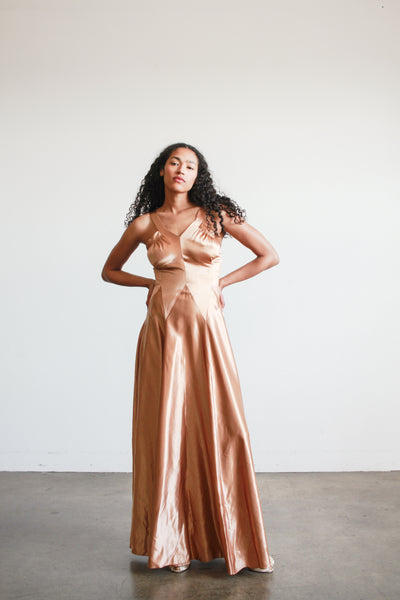 1940s Bronze Liquid Satin V-Neck Paneled Dress