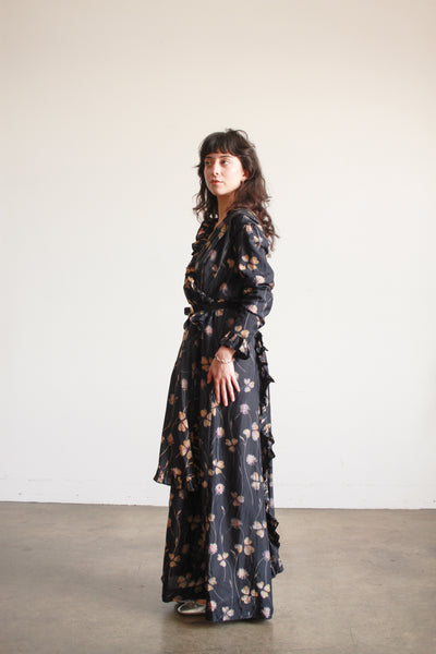 1910s Black Silk Floral Ruffle Dress