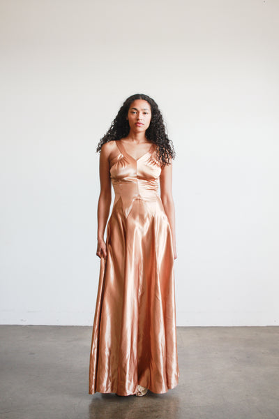 1940s Bronze Liquid Satin V-Neck Paneled Dress