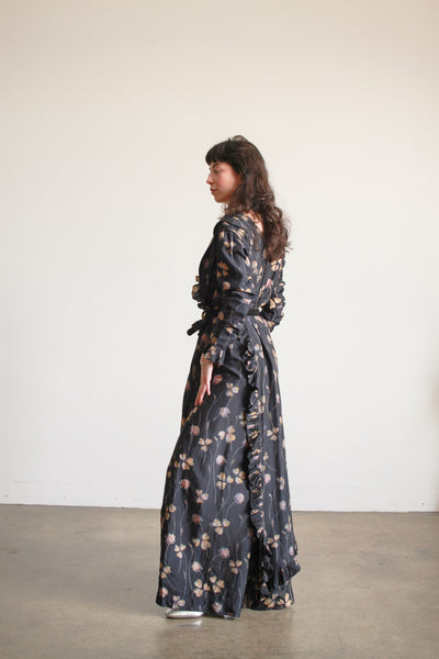 1910s Black Silk Floral Ruffle Dress