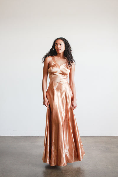 1940s Bronze Liquid Satin V-Neck Paneled Dress