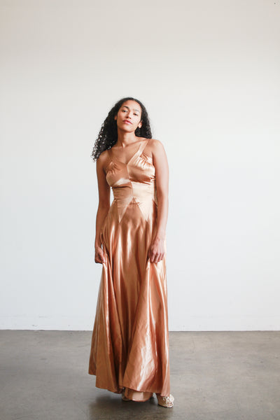 1940s Bronze Liquid Satin V-Neck Paneled Dress