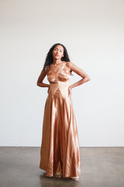 1940s Bronze Liquid Satin V-Neck Paneled Dress