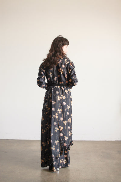 1910s Black Silk Floral Ruffle Dress