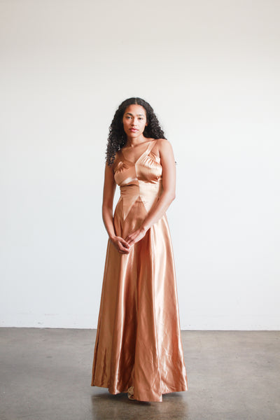 1940s Bronze Liquid Satin V-Neck Paneled Dress