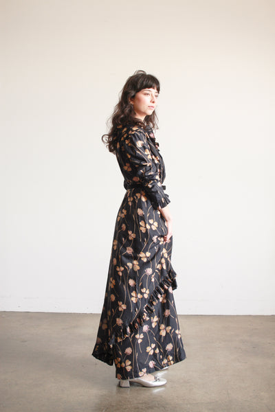 1910s Black Silk Floral Ruffle Dress