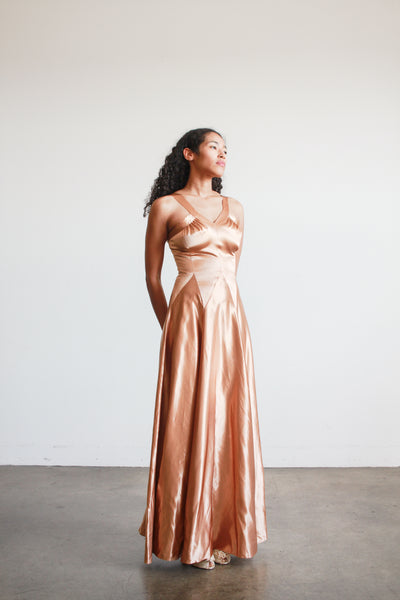 1940s Bronze Liquid Satin V-Neck Paneled Dress