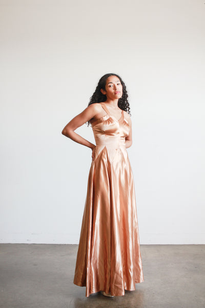 1940s Bronze Liquid Satin V-Neck Paneled Dress
