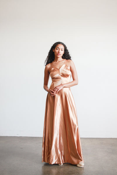 1940s Bronze Liquid Satin V-Neck Paneled Dress