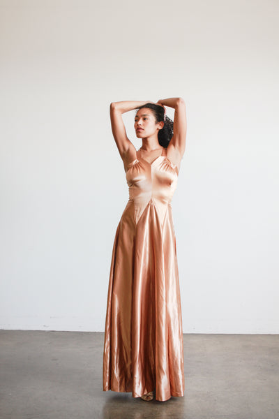 1940s Bronze Liquid Satin V-Neck Paneled Dress