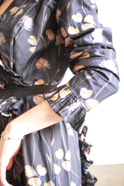 1910s Black Silk Floral Ruffle Dress