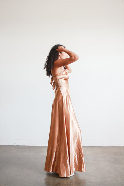 1940s Bronze Liquid Satin V-Neck Paneled Dress