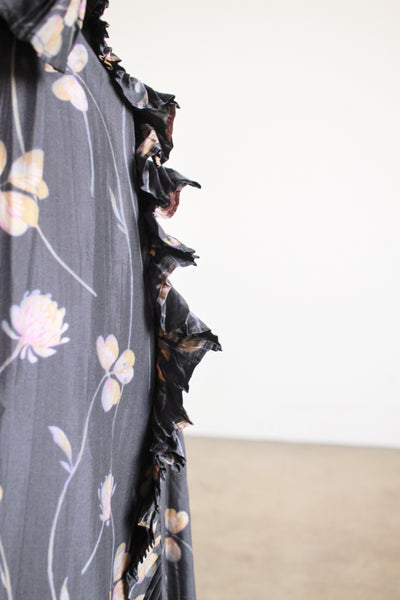 1910s Black Silk Floral Ruffle Dress