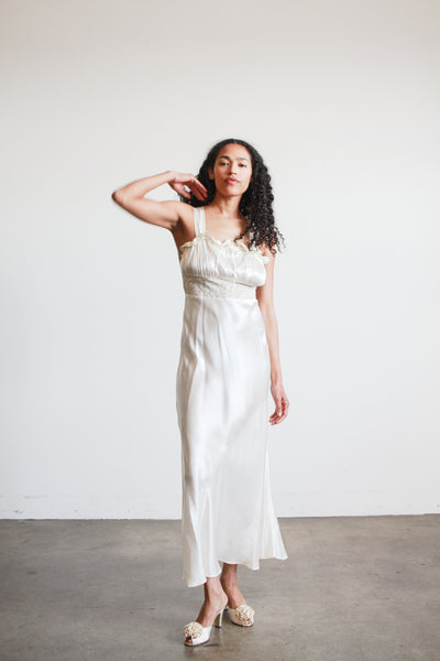 1940s Ivory Rayon Bias Gathered Dress