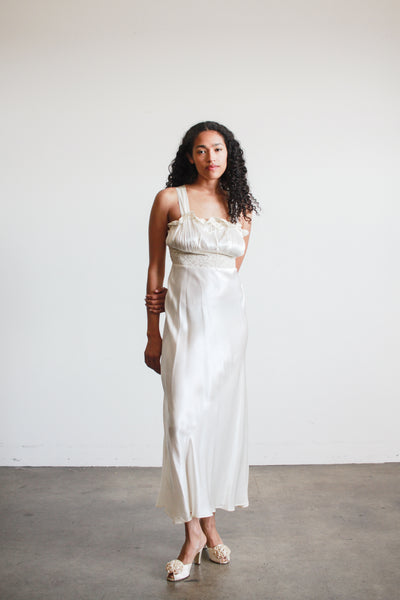 1940s Ivory Rayon Bias Gathered Dress