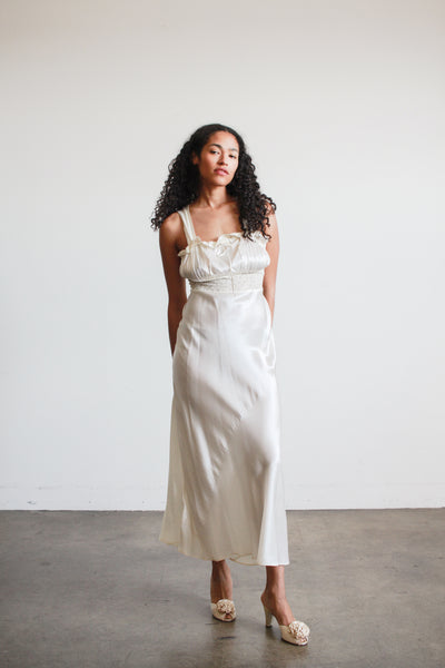 1940s Ivory Rayon Bias Gathered Dress
