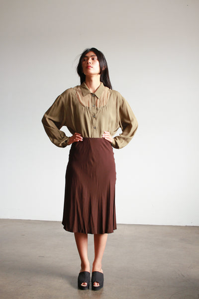 1990s Brown Rayon Bias Midi Skirt