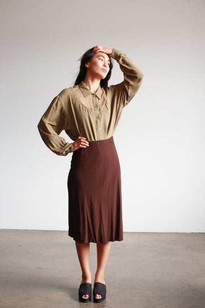 1990s Brown Rayon Bias Midi Skirt