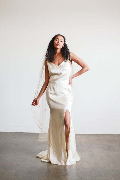 1990s Ecru Satin Sleeveless Gown