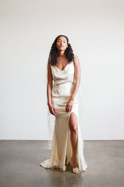1990s Ecru Satin Sleeveless Gown