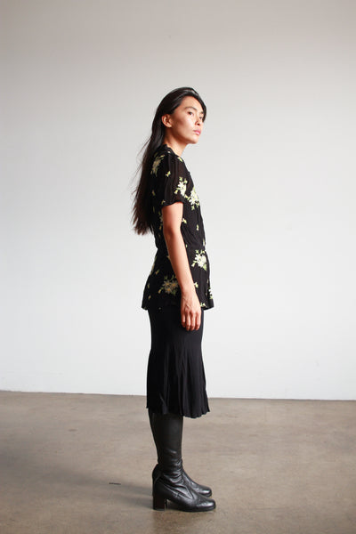 2000s Black Chiffon Embroidered Button Blouse