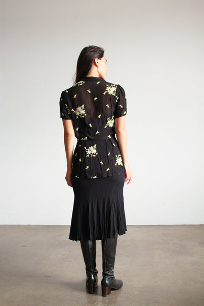 2000s Black Chiffon Embroidered Button Blouse