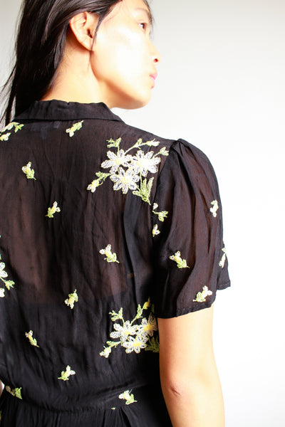 2000s Black Chiffon Embroidered Button Blouse