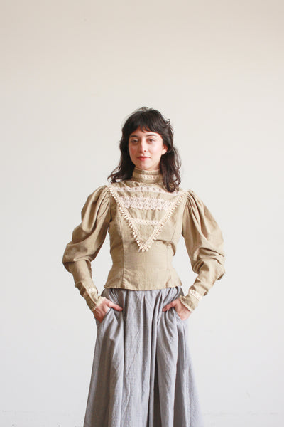 1980s Cotton Sage Gingham Victorian Top