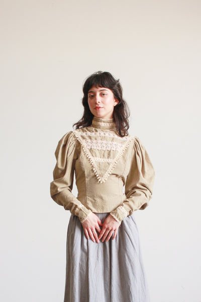 1980s Cotton Sage Gingham Victorian Top
