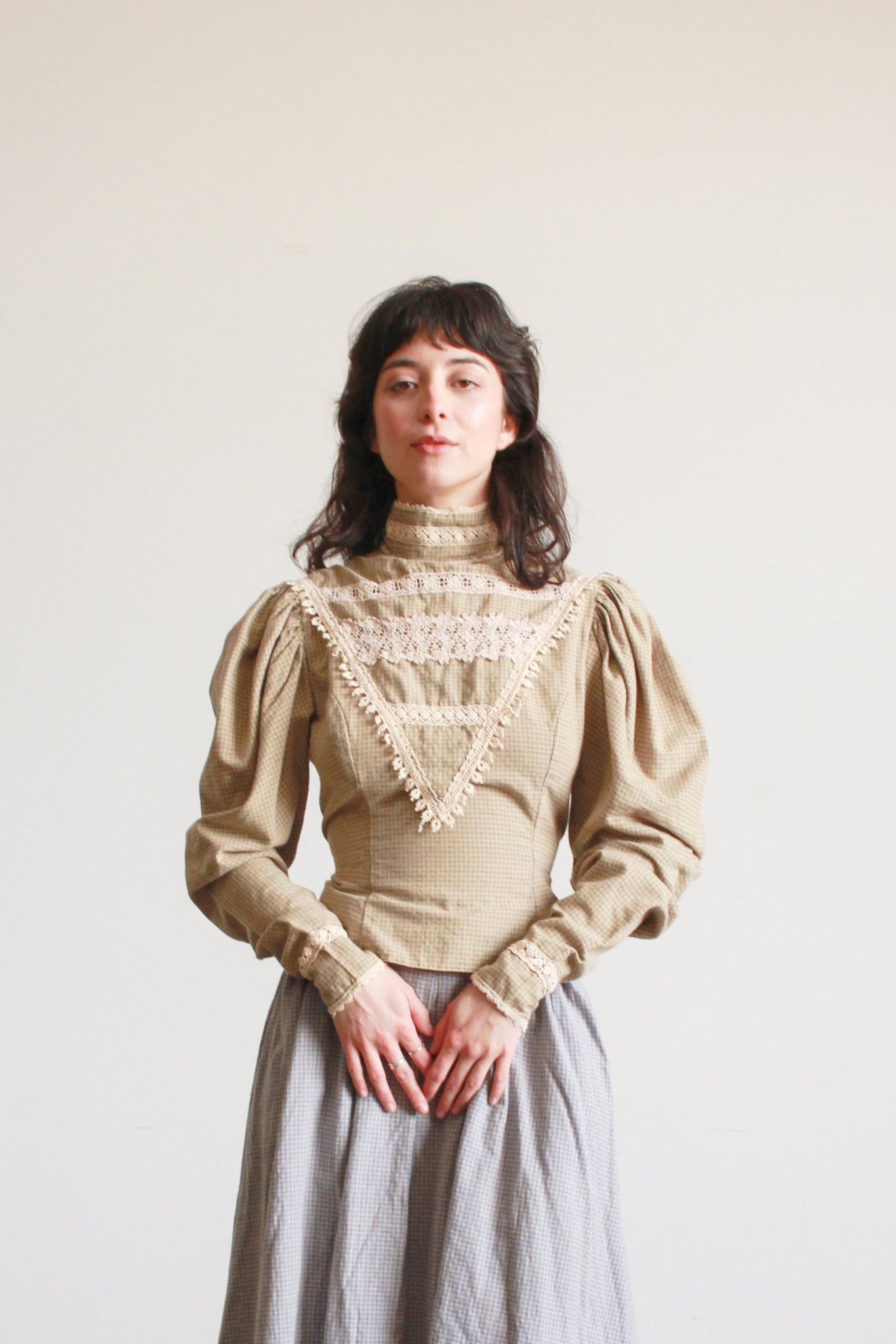 1980s Cotton Sage Gingham Victorian Top