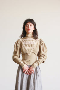 1980s Cotton Sage Gingham Victorian Top
