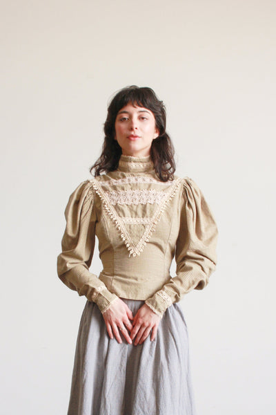 1980s Cotton Sage Gingham Victorian Top