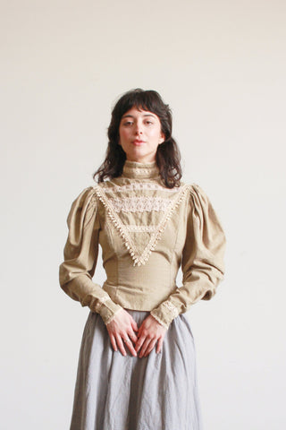 1980s Cotton Sage Gingham Victorian Top