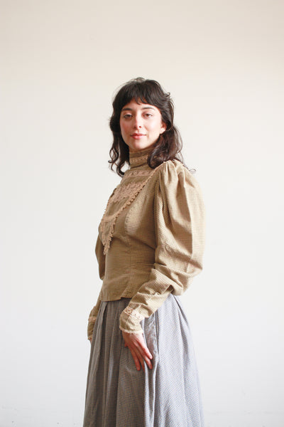 1980s Cotton Sage Gingham Victorian Top