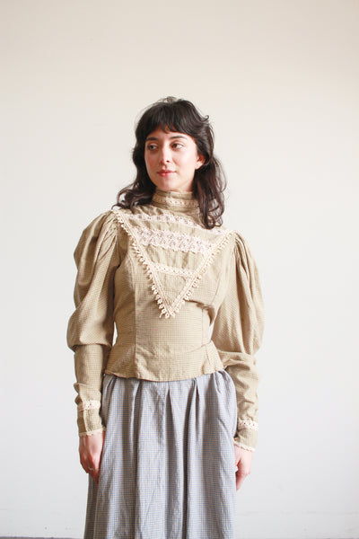 1980s Cotton Sage Gingham Victorian Top