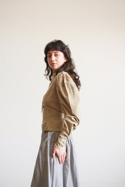 1980s Cotton Sage Gingham Victorian Top